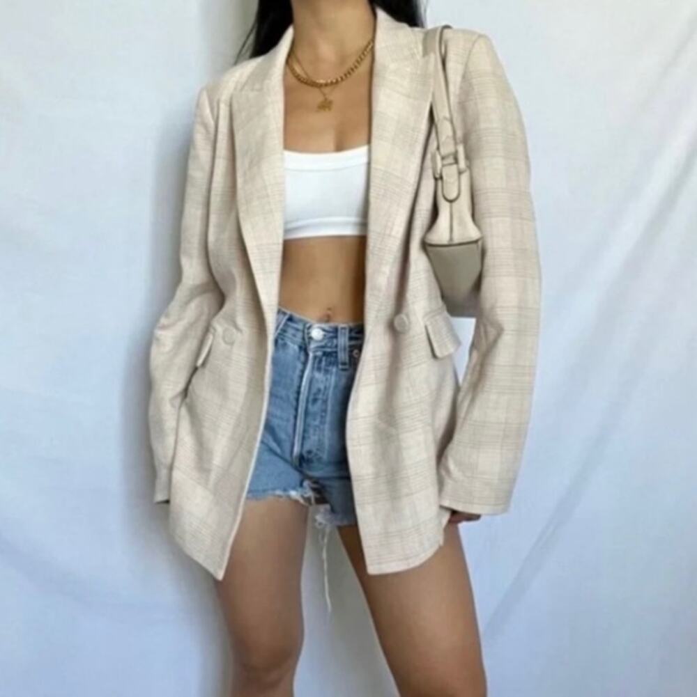 House of Harlow Tan Nude Double Breast Plaid Blazer Small Academia Business